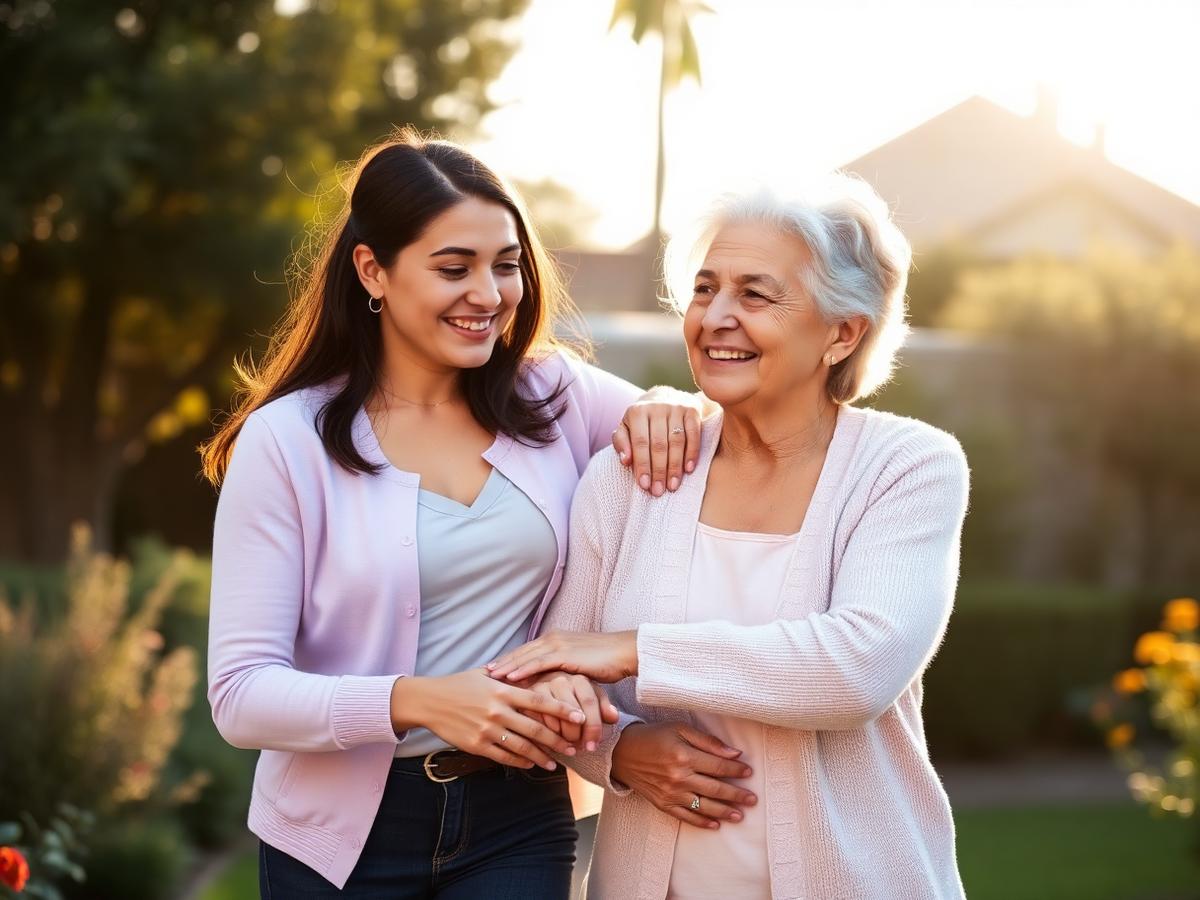 Caregiver walking with an elderly woman in a sunlit garden