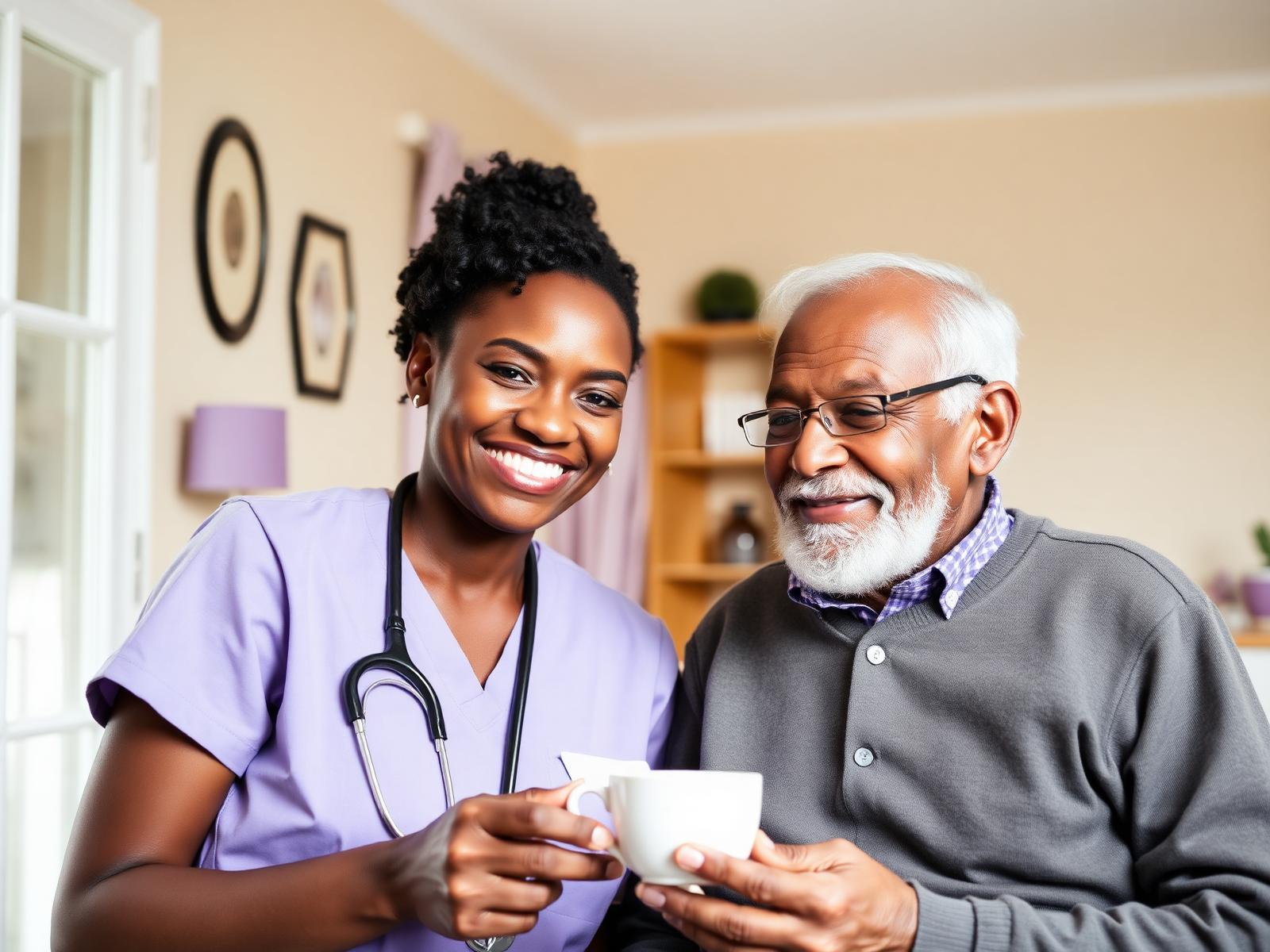 Caregiver holding hands with a smiling elderly woman at home